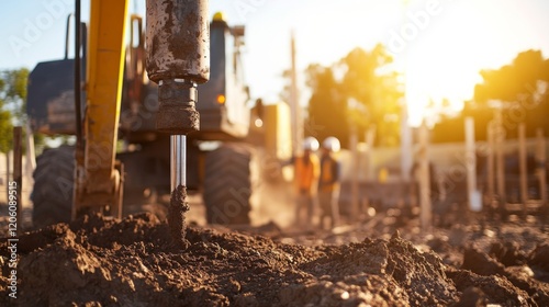 A detailed view of construction engineers conducting soil compaction tests using specialized equipment at a highway construction site, Soil compaction testing scene, Engineering inspection style