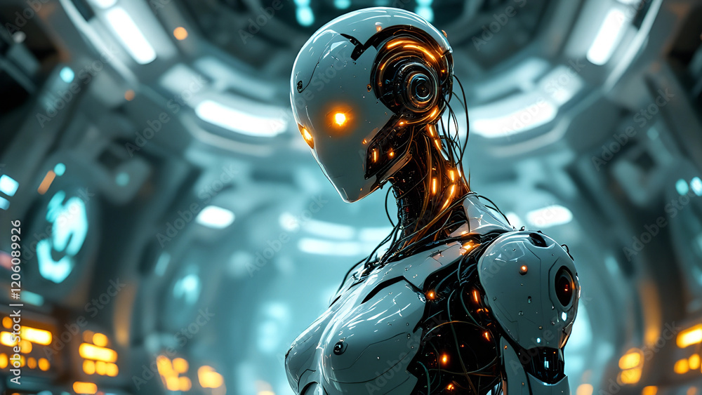 A futuristic cyborg with glowing orange eyes and intricate wiring stands in a high-tech, illuminated environment, showcasing advanced technological enhancements. A futuristic cyborg with glowing orange eyes and intricate wiring stands in a high-tech, illuminated environment, showcasing advanced technological enhancements.