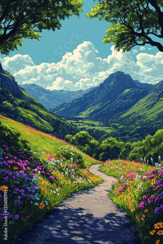 A winding path leads through vibrant wildflowers towards majestic mountains
