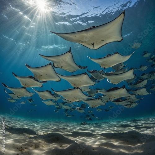 A manta ray group forming a line under the clear sunlit water.The ancient and mysterious viperfish is known for its menacing appearance and large fang-like teeth, but did you know it can emit light 
 photo