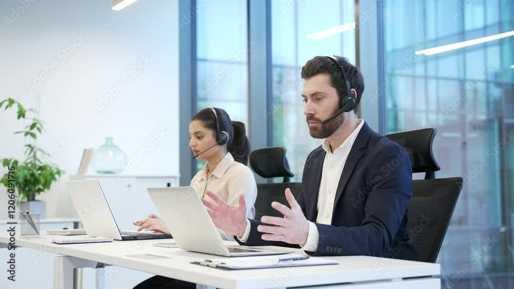 Corporate operators working with headsets in customer support service on helpline telesale using laptop. A team of call center agents, men and women helping online, speak on a video call in the office