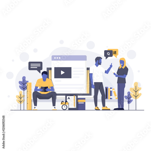 Group Working on Video Content Project Flat Vector Design Illustration