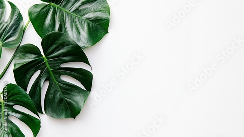 Flat lay of lush green Monstera leaves on a bright white background photo