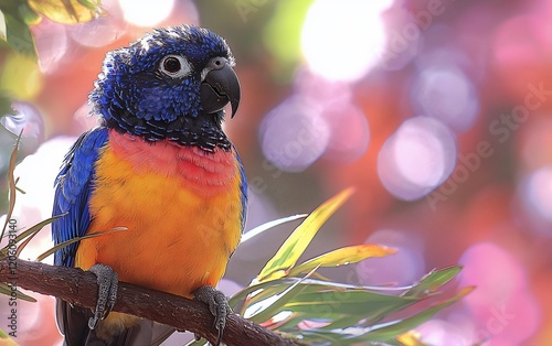 Vibrant blue and orange parrot perched on a branch. photo