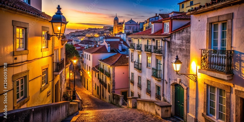 Fototapeta premium Lisbon Alfama: Surreal Sunset in Narrow Ancient Streets - Stock Photo
