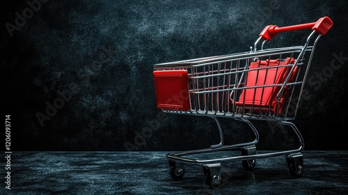 A shopping cart positioned against a dark textured background, emphasizing retail and consumerism. photo