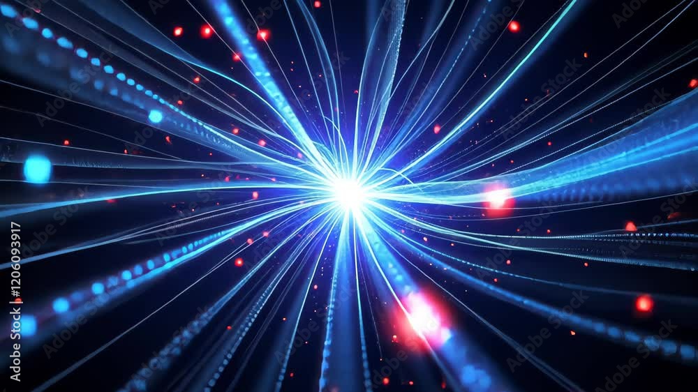 Dynamic blue neon light streaks creating futuristic vortex in motion with red accents Dynamic blue neon light streaks creating futuristic vortex in motion with red accents