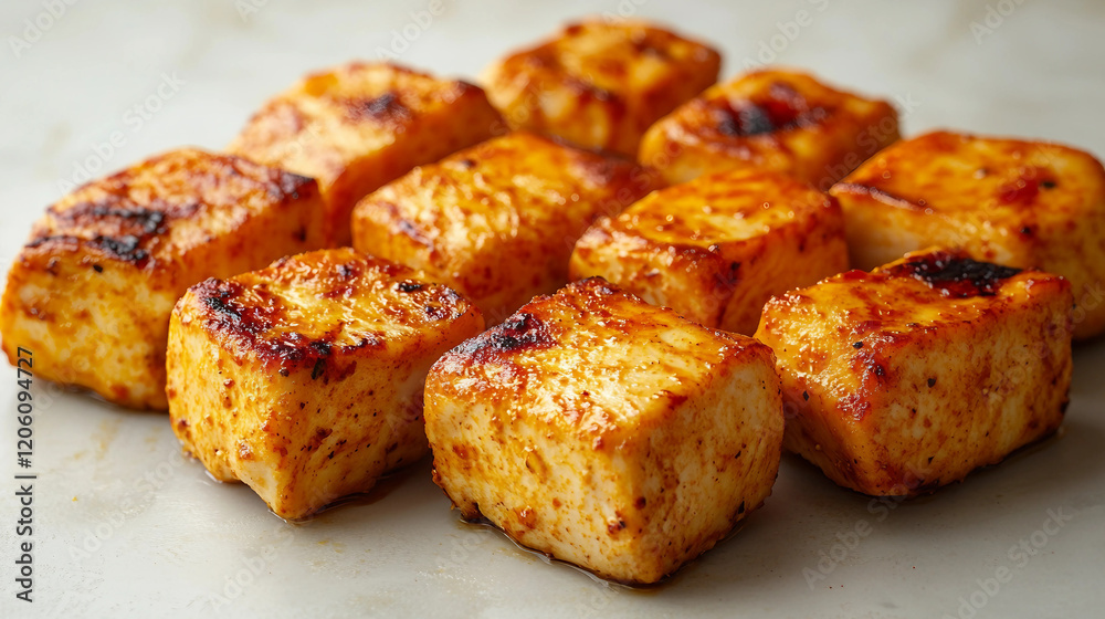 Cooked chicken cubes on a white background Cooked chicken cubes on a white background