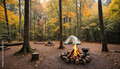 , fTent and campfire camping in a quaint fall woodland, fall, woodland, tent, fire, camping, the great outdoors, and the natural worlduu-art- photo