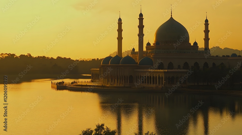 Naklejka premium Majestic Mosque Sunset Lakeside Reflection Serenity