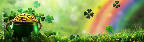 St. Patricka??s Day banner with a pot of gold, clovers, and a vibrant rainbow AI Generated photo