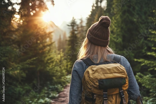 Hiker walking on forest trail at sunset enjoying nature