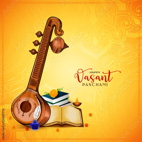 Happy Vasant Panchami Indian festival greeting card with veena