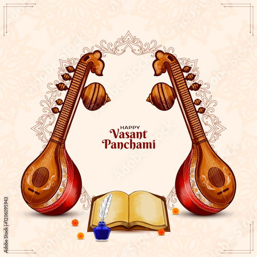 Beautiful Happy Vasant Panchami Indian festival card with veena