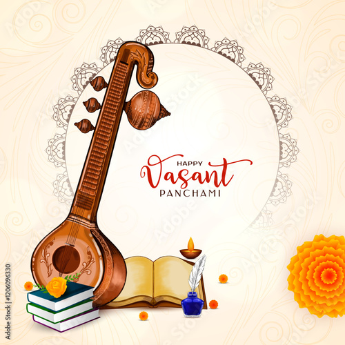 Elegant Happy Vasant Panchami Indian traditional festival celebration card
