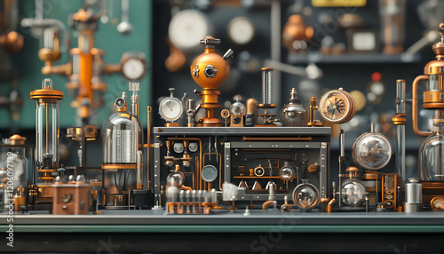 Steampunk Scientista??s Laboratory: Vintage and High Detail in a Beautiful Color Palette AI Generated photo