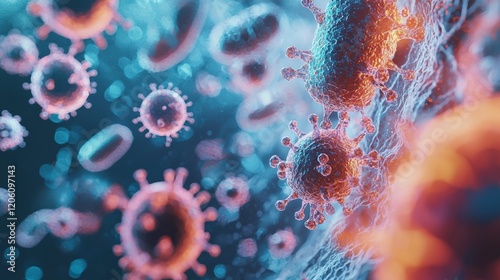 A stunning close-up of a viral structure showcasing intricate details and vibrant colors, highlighting its complex nature within a microscopic environment.