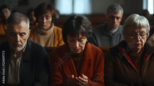 Elderly People Praying Together In Church photo