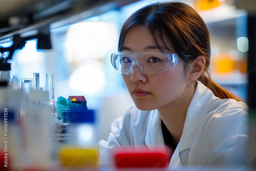 Focused Female Scientist in Lab Coat Working Research Science Experiment Laboratory Professional Science Technology Medical Research Healthcare Innovation Development Focused Female Scientist in Lab Coat Working Research Science Experiment Laboratory Professional Science Technology Medical Research Healthcare Innovation Development
