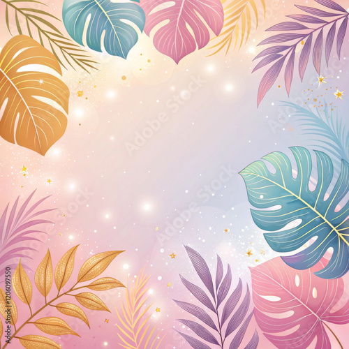 Colorful Tropical Leaves On Pastel Background, Perfect For Summer And Exotic-Themed Designs. Ideal For Travel Agencies, Summer Promotions, Vacation Concepts, And Eco-Friendly Projects.