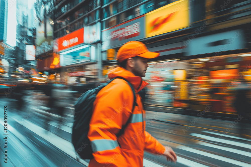 Obraz premium Delivery Service Worker Navigating a Bustling City: Urban Logistics in Action