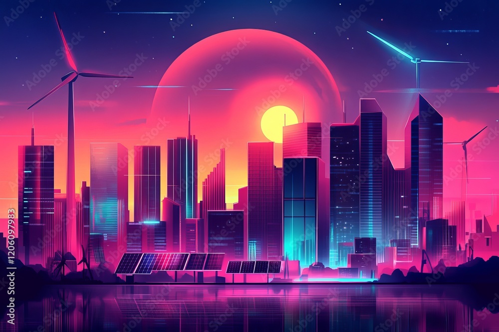 custom made wallpaper toronto digitalVibrant Sunset Cityscape Modern Urban Skyline Renewable Energy Sources Wind Turbines Solar Panels Futuristic City Design Night Cityscape Digital Art Illustration Graphic 