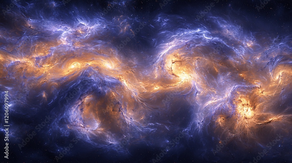 Fototapeta premium Abstract swirling cosmic nebula with orange and blue hues.