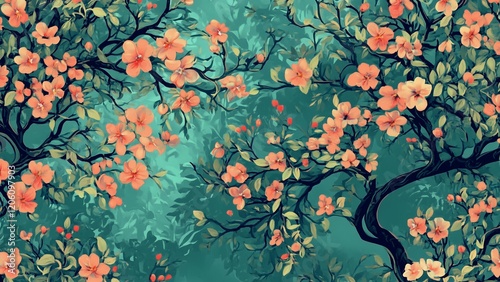 pattern of fabric ,appricot tree in the sweet garden photo