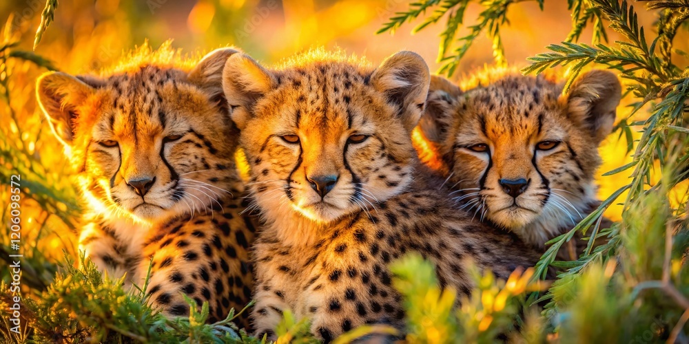 Obraz premium Long Exposure: Cheetah Cubs Resting Under Bush, Samburu National Reserve, Kenya
