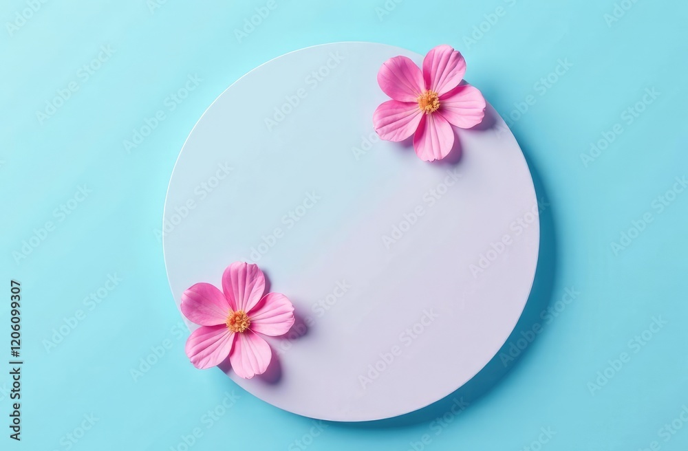 Creative minimal idea with pink flowers on a pastel blue circle on a blue background. Cosmetics, makeup and fashion concept. Creative minimal idea with pink flowers on a pastel blue circle on a blue background. Cosmetics, makeup and fashion concept.