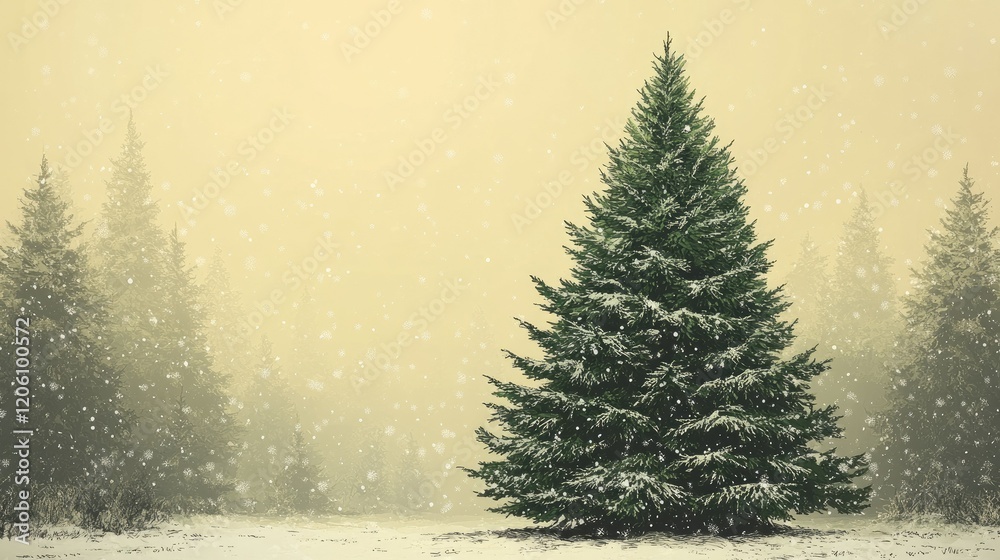 Naklejka premium A snowy landscape featuring a tall evergreen tree amidst falling snowflakes.