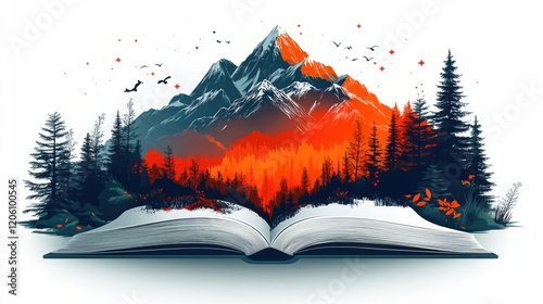 Majestic mountain and forest emerging from an open book