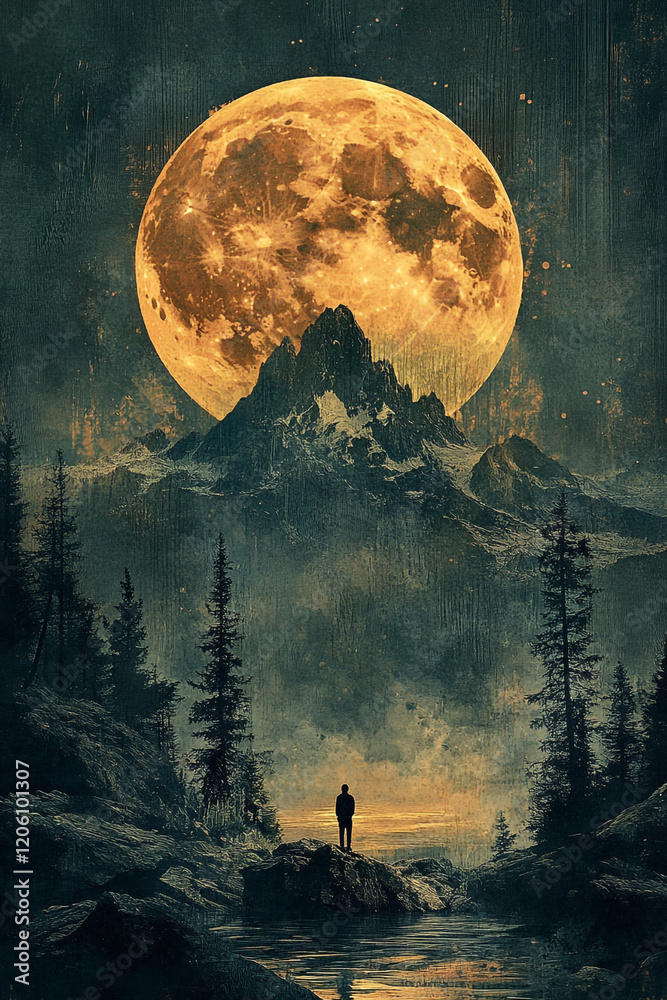 Lone Figure Gazing at Majestic Mountain and Giant Moon