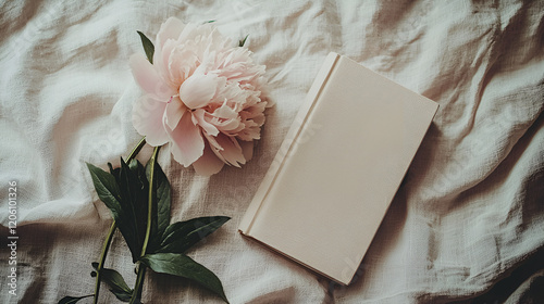 Soft pink peony and a blank book rest on a neutral-toned fabric.  A peaceful and serene image.