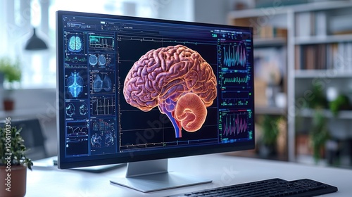 Detailed 3D Brain Model on a Modern Computer Screen in a Technologically Advanced Office Setting