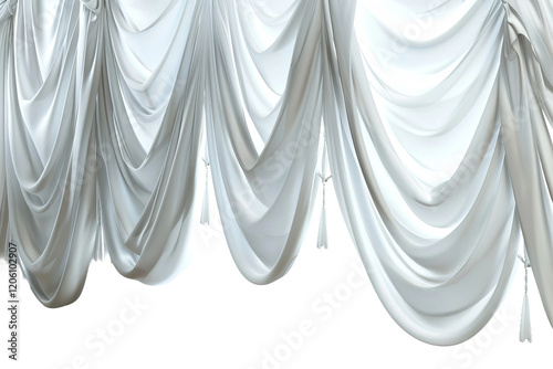 Minimalistic white curtains draped gracefully, isolated background.