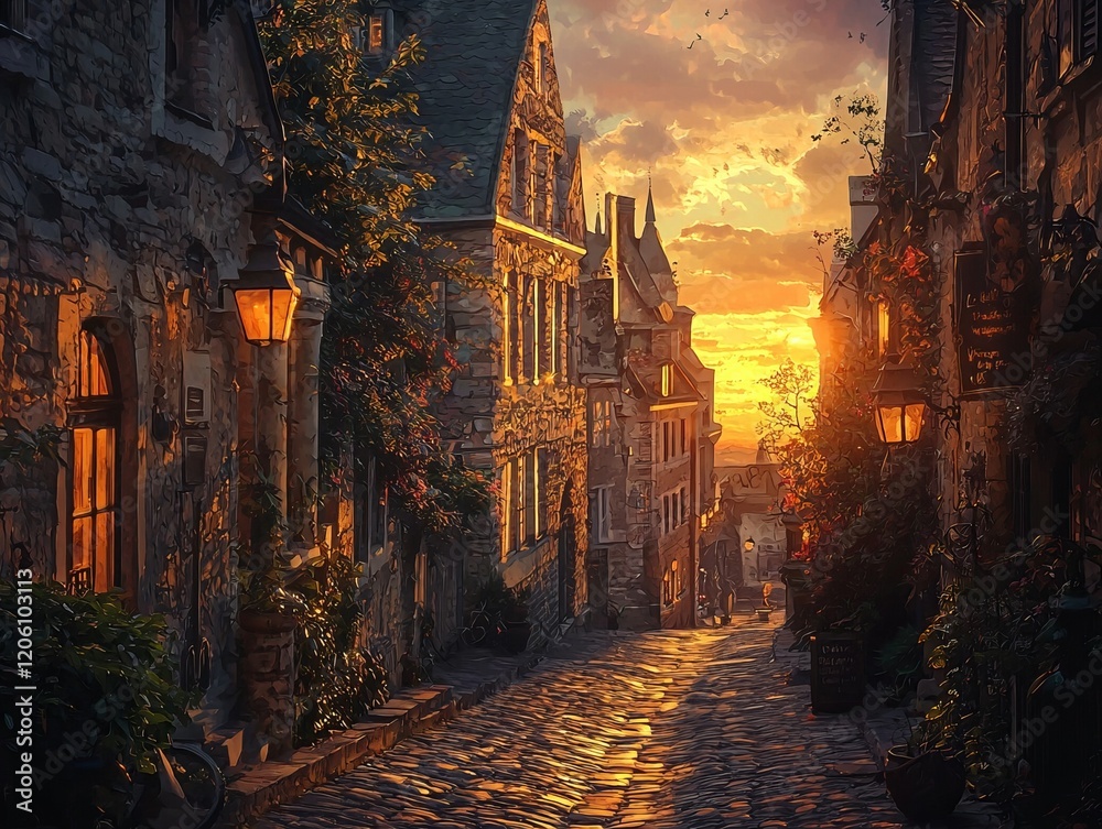 Obraz premium Historic European cityscape at sunset with cobblestone street