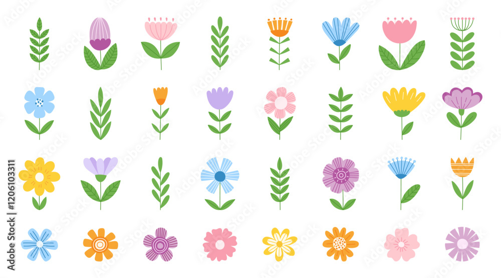 custom made wallpaper toronto digitalSet of abstract wild flower icons. Modern spring and summer colorful floral. Flat, minimalist, scandinavian vector illustration
