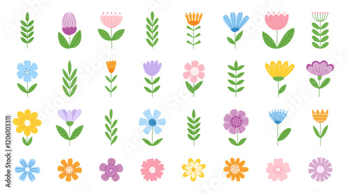 Set of abstract wild flower icons. Modern spring and summer colorful floral. Flat, minimalist, scandinavian vector illustration