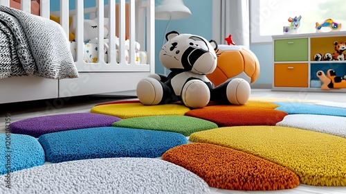 Vibrant Child's Room, A playful interior filled with colorful decor, featuring a charming carpet and whimsical furnishings, inviting and cheerful atmosphere photo