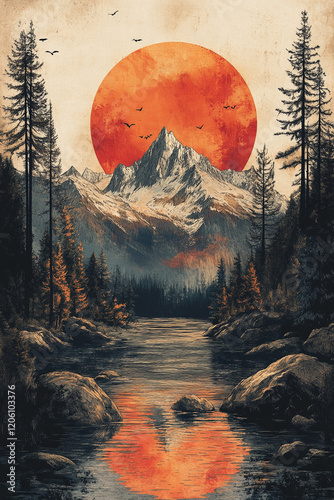 Serene Mountain Lake Sunset Landscape With Birds