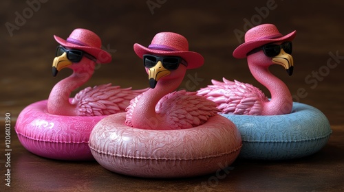 Three pink flamingo floats with hats and sunglasses on wooden surface photo