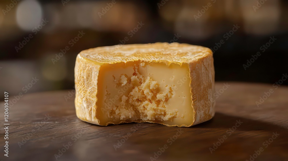 Close-up of a halved round cheese on a wooden board.