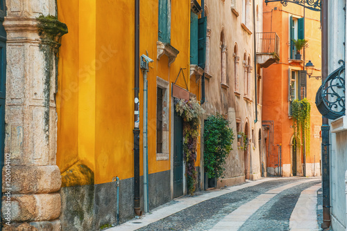 Fototapeta Naklejka Na Ścianę i Meble -  Charming narrow street with colorful building facades and cobblestone pavement in Verona old town, Veneto, Italy at sunrise. Italian street with nobody. Travel destination in Europe