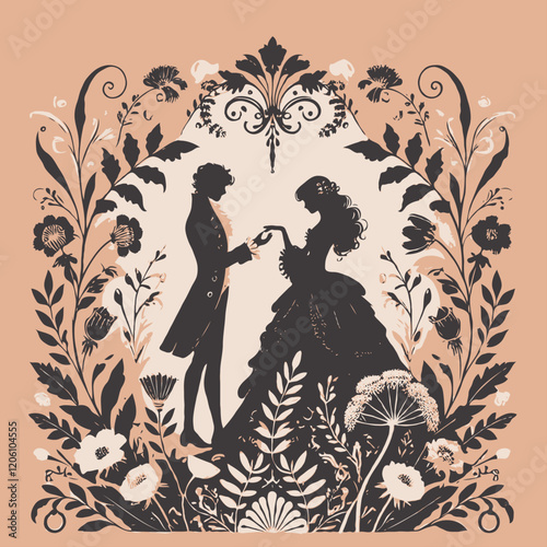 Vintage wedding invitation card with ornate elegant retro design. Loving couple in vintage baroque style. Vector illustration, wedding couple in vintage baroque frame. Greeting Card	