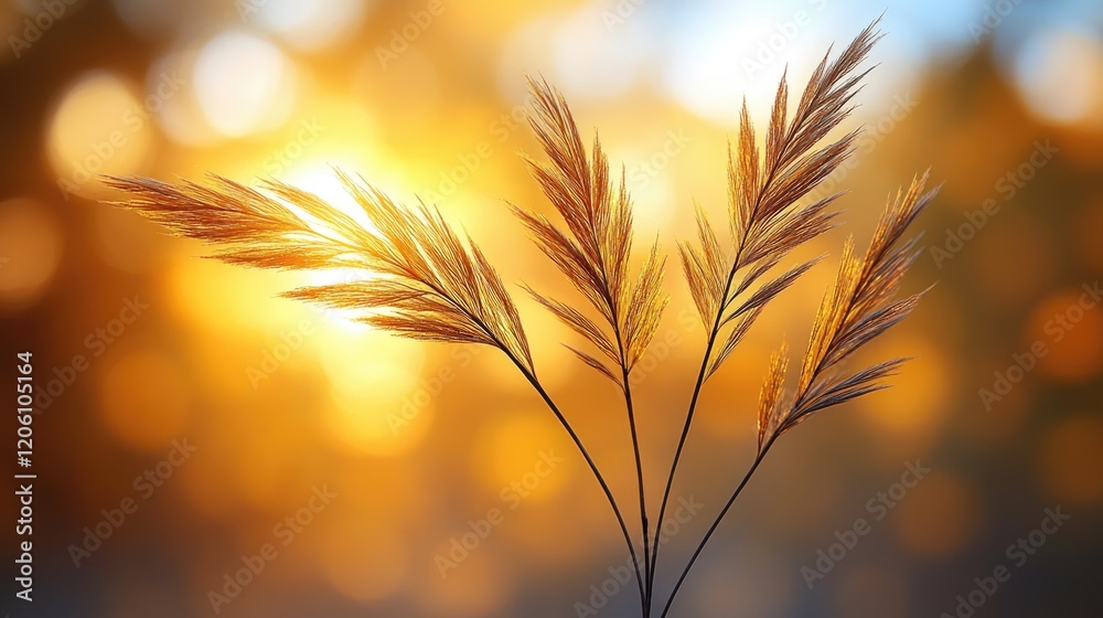 Golden sunset behind silhouetted pampas grass stalks in nature Golden sunset behind silhouetted pampas grass stalks in nature