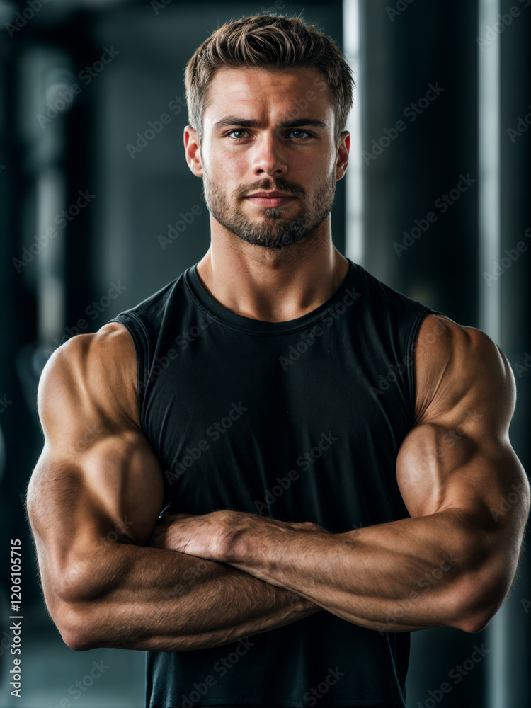 Confident Muscular Man in Black Sportswear at the Gym Confident Muscular Man in Black Sportswear at the Gym