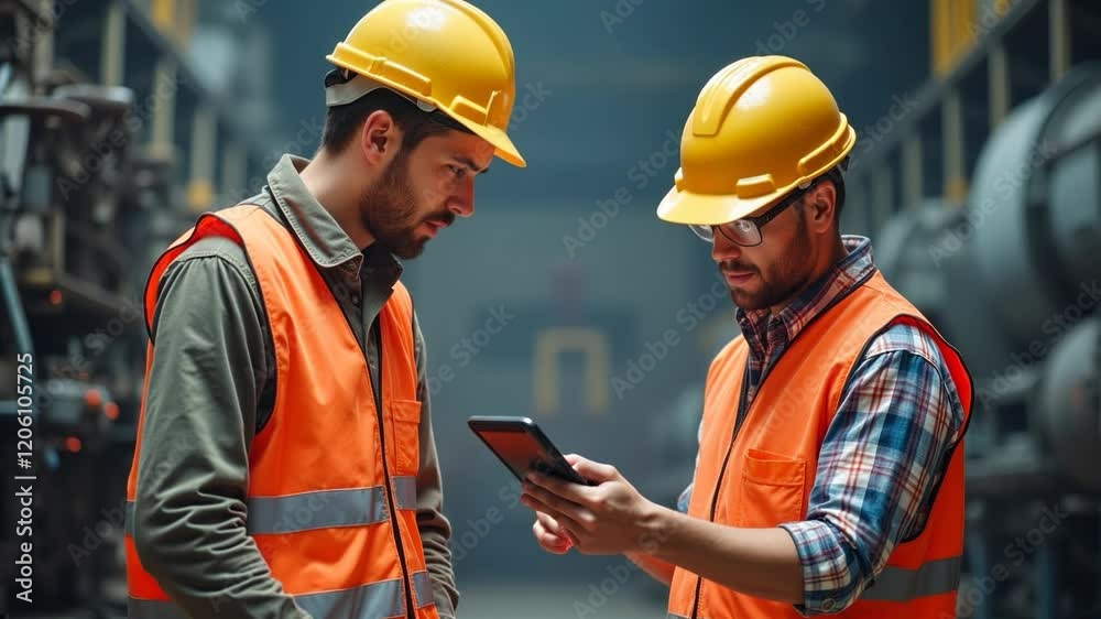 Workers in safety gear discuss project details while reviewing plans in a manufacturing facility