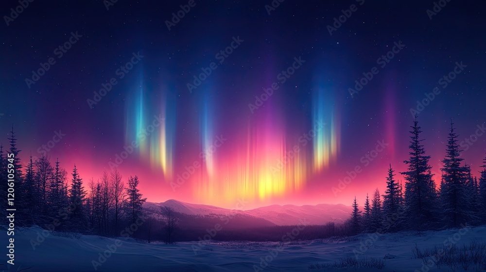 A stunning display of northern lights illuminating a snowy landscape at dusk. A stunning display of northern lights illuminating a snowy landscape at dusk.