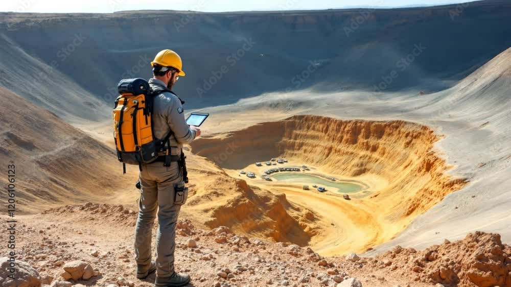 Mining Engineer Surveying Open-Pit Gold Mine using Tablet